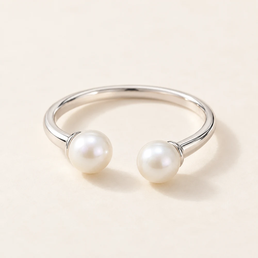 Twin Pearl Open Ring in Silver / White