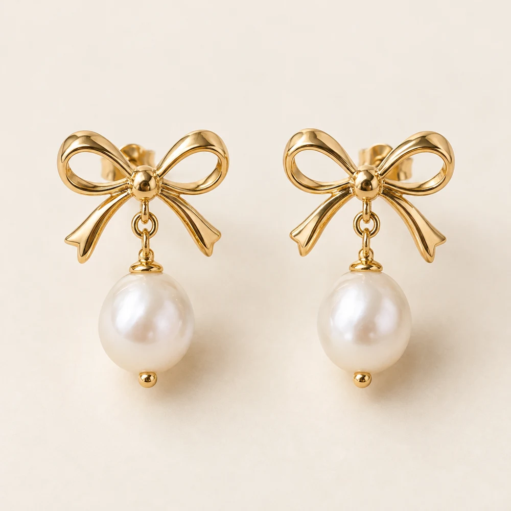 Pearl Bow Drop Earrings product view